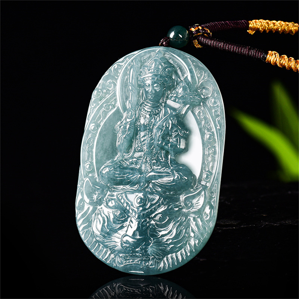 Natural Certificated Type A Untreated 60X40X6.5mm Blue Icy Watery Guatemalan Jadeite Oval Pendant With Bodhisattva Carved,Zodiac Tiger's Guardian Buddha Pendant Necklace