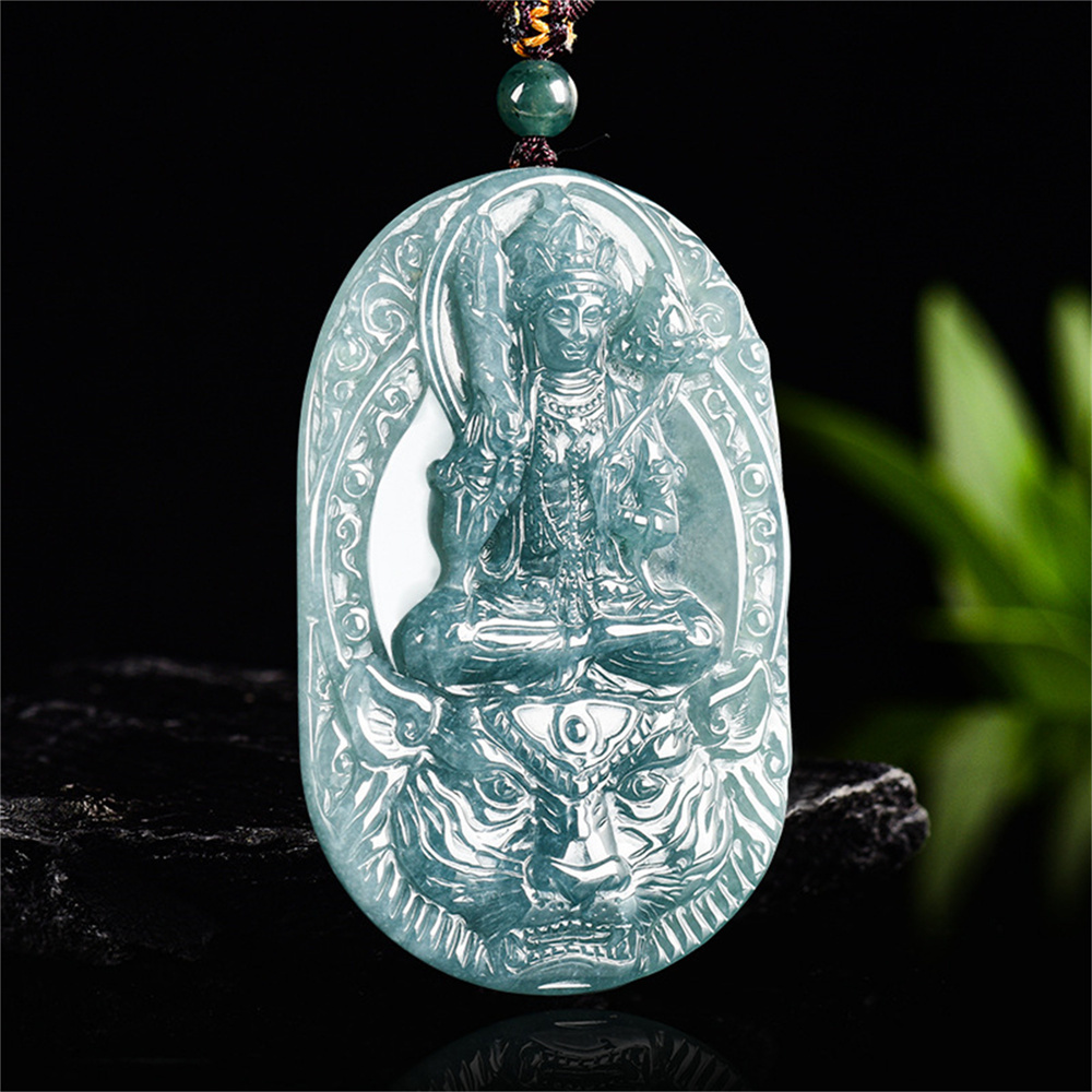 Natural Certificated Type A Untreated 60X40X6.5mm Blue Icy Watery Guatemalan Jadeite Oval Pendant With Bodhisattva Carved,Zodiac Tiger's Guardian Buddha Pendant Necklace