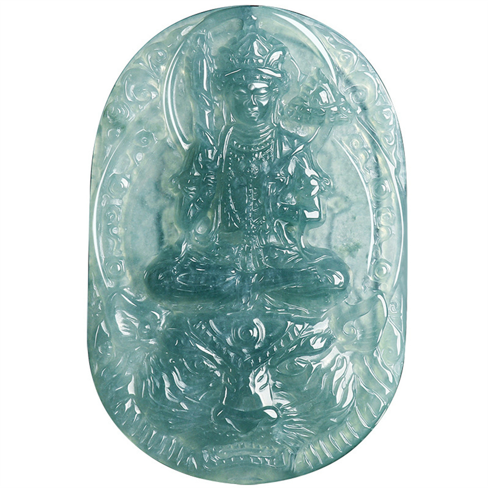 Natural Certificated Type A Untreated 60X40X6.5mm Blue Icy Watery Guatemalan Jadeite Oval Pendant With Bodhisattva Carved,Zodiac Tiger's Guardian Buddha Pendant Necklace