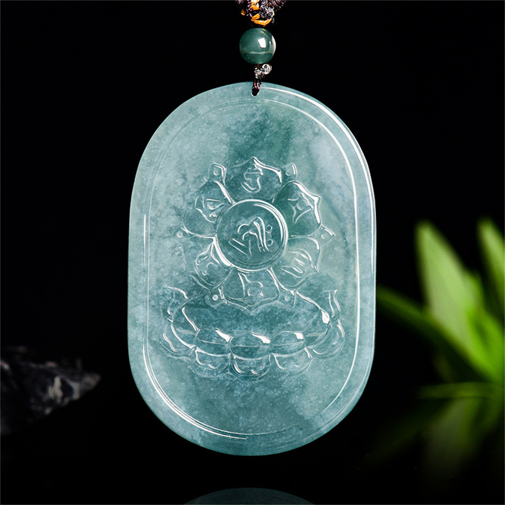 Natural Certificated Type A Untreated 60X40X6.5mm Blue Icy Watery Guatemalan Jadeite Oval Pendant With Bodhisattva Carved,Zodiac Tiger's Guardian Buddha Pendant Necklace