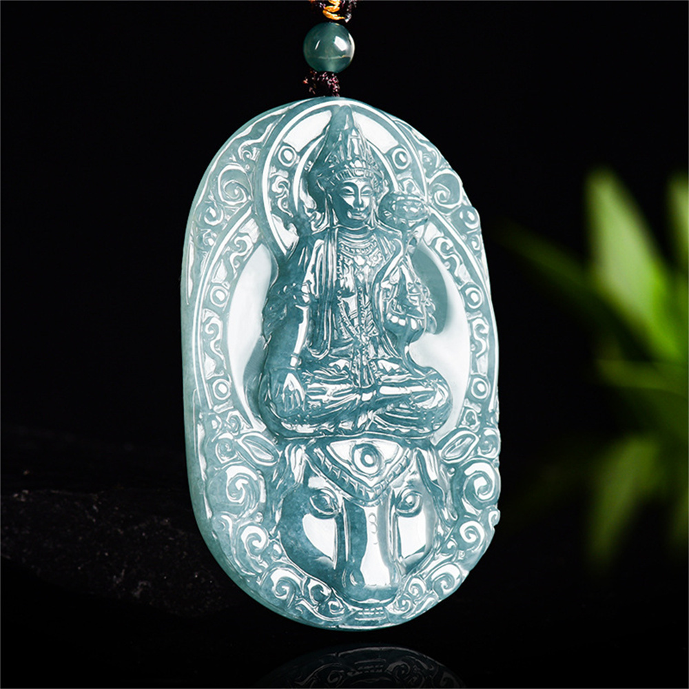 Natural Certificated Type A Untreated 61X40X7mm Blue Icy Watery Guatemalan Jadeite Oval Pendant With Bodhisattva Carved,Zodiac Horse's Guardian Buddha Pendant Necklace