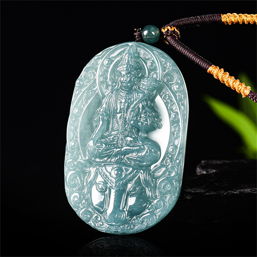 Natural Certificated Type A Untreated 61X40X7mm Blue Icy Watery Guatemalan Jadeite Oval Pendant With Bodhisattva Carved,Zodiac Horse's Guardian Buddha Pendant Necklace