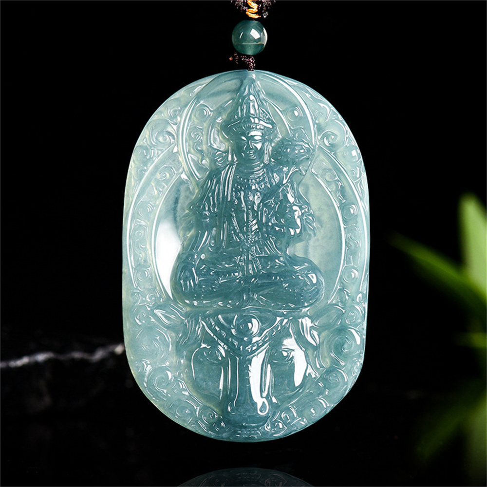 Natural Certificated Type A Untreated 61X40X7mm Blue Icy Watery Guatemalan Jadeite Oval Pendant With Bodhisattva Carved,Zodiac Horse's Guardian Buddha Pendant Necklace