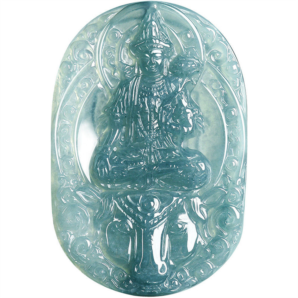 Natural Certificated Type A Untreated 61X40X7mm Blue Icy Watery Guatemalan Jadeite Oval Pendant With Bodhisattva Carved,Zodiac Horse's Guardian Buddha Pendant Necklace