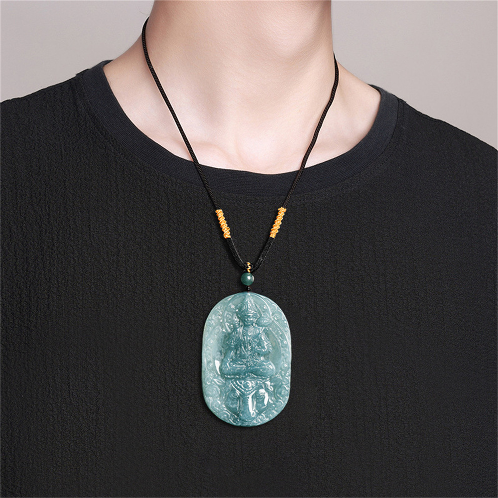 Natural Certificated Type A Untreated 61X40X7mm Blue Icy Watery Guatemalan Jadeite Oval Pendant With Bodhisattva Carved,Zodiac Horse's Guardian Buddha Pendant Necklace