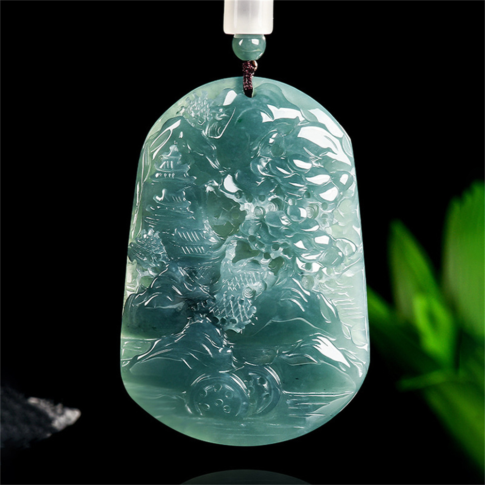 Natural Certificated Type A Untreated 65X45X8mm Blue Icy Watery Guatemalan Jadeite Oval Pendant With Landscape Carved,Landscape Pendant Necklace