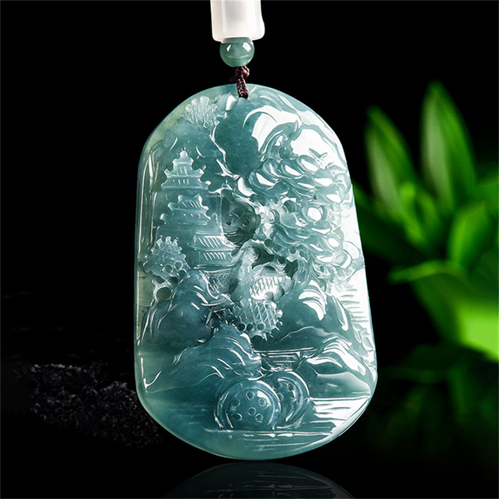 Natural Certificated Type A Untreated 65X45X8mm Blue Icy Watery Guatemalan Jadeite Oval Pendant With Landscape Carved,Landscape Pendant Necklace