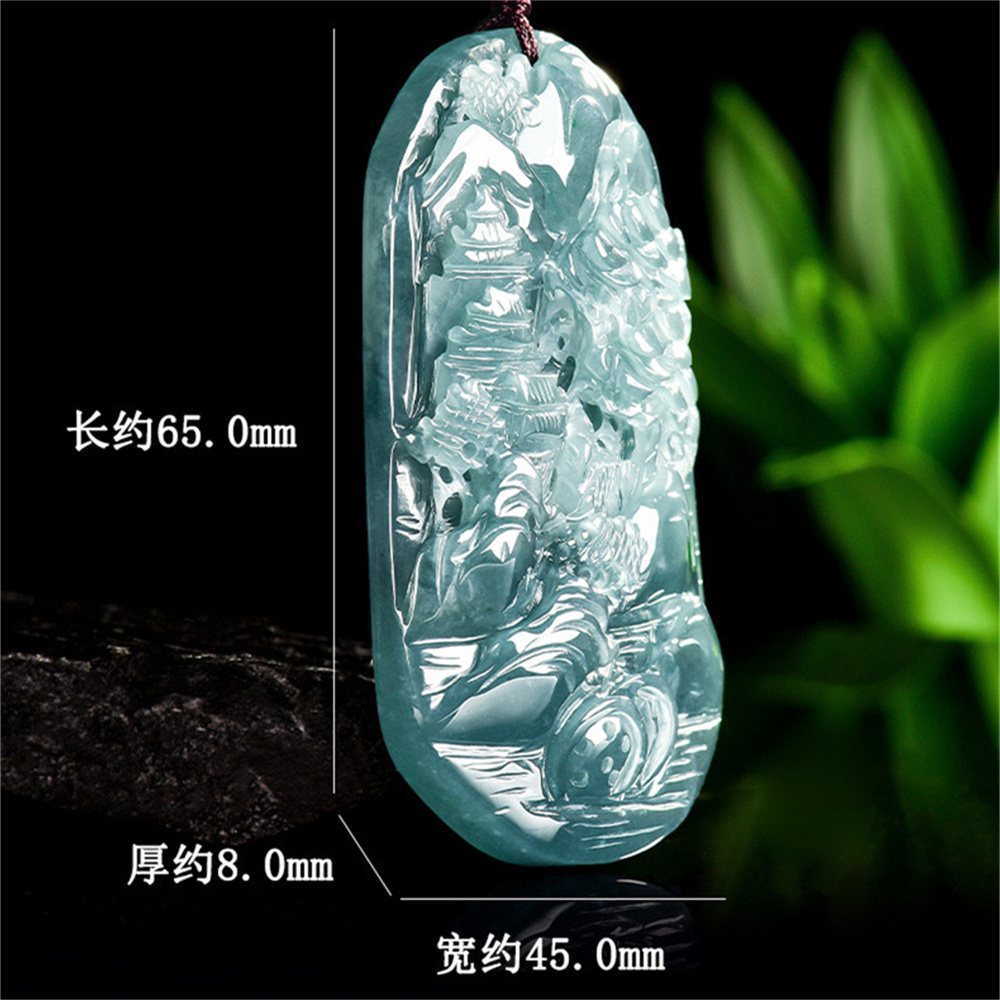 Natural Certificated Type A Untreated 65X45X8mm Blue Icy Watery Guatemalan Jadeite Oval Pendant With Landscape Carved,Landscape Pendant Necklace