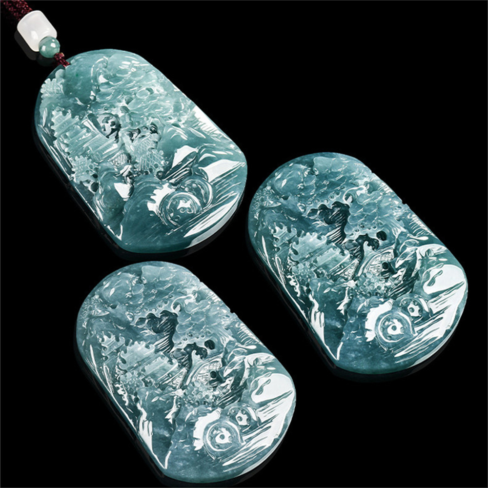 Natural Certificated Type A Untreated 65X45X8mm Blue Icy Watery Guatemalan Jadeite Oval Pendant With Landscape Carved,Landscape Pendant Necklace