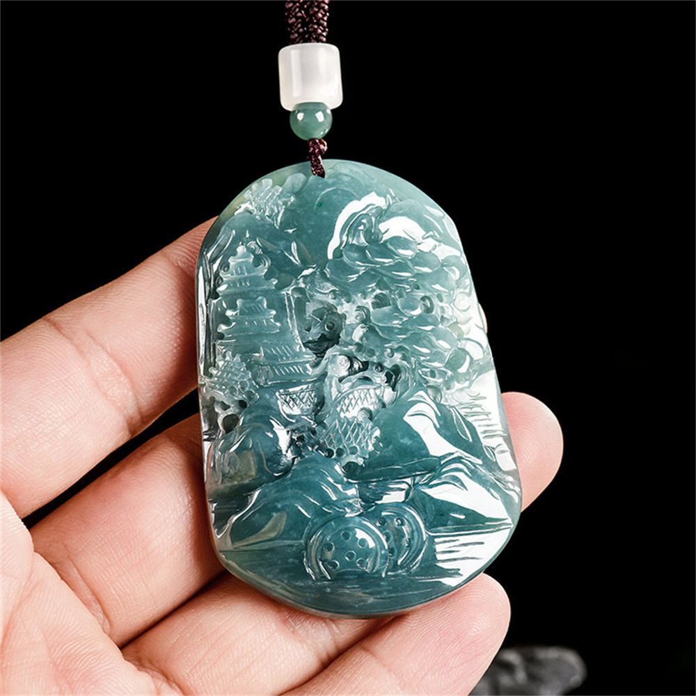 Natural Certificated Type A Untreated 65X45X8mm Blue Icy Watery Guatemalan Jadeite Oval Pendant With Landscape Carved,Landscape Pendant Necklace