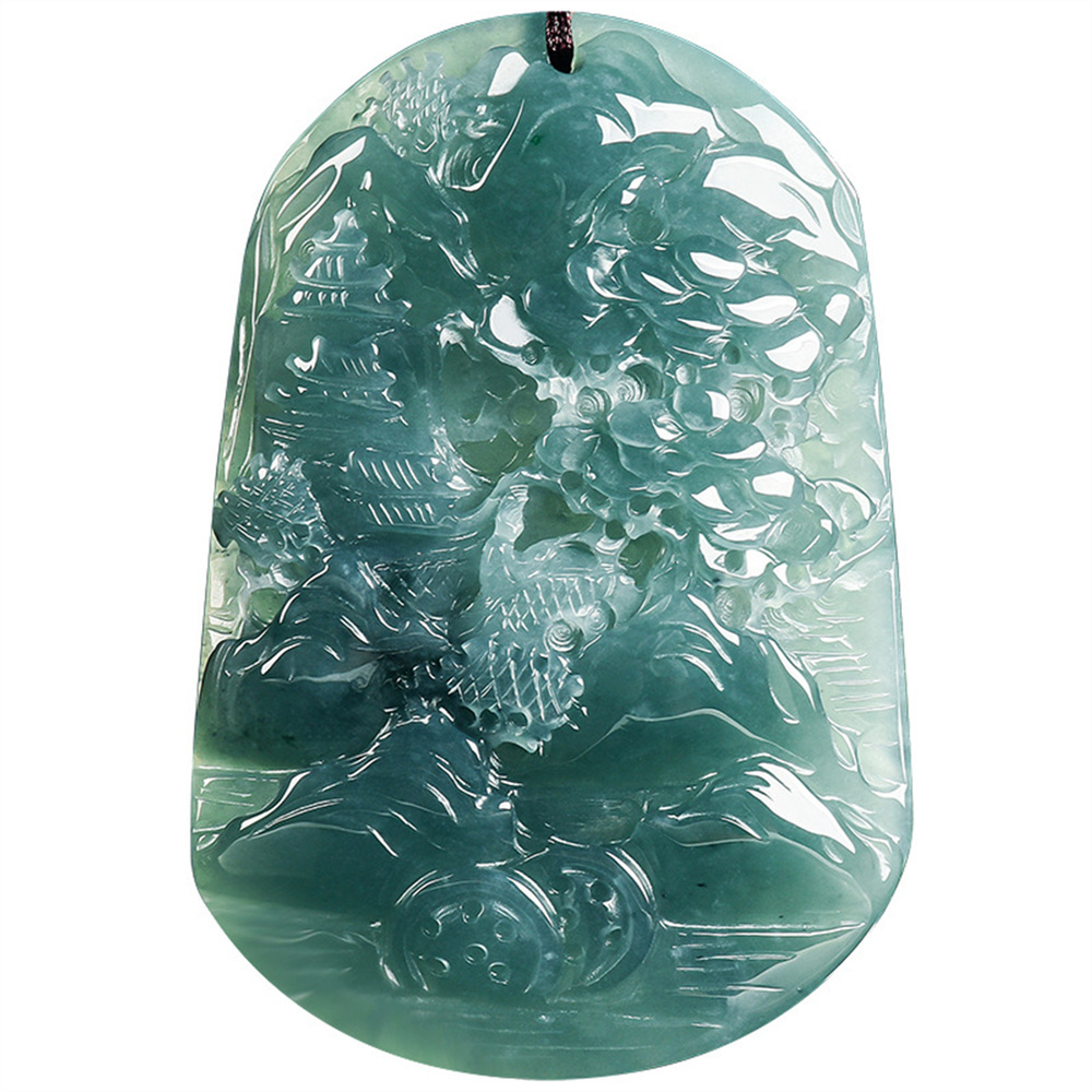 Natural Certificated Type A Untreated 65X45X8mm Blue Icy Watery Guatemalan Jadeite Oval Pendant With Landscape Carved,Landscape Pendant Necklace