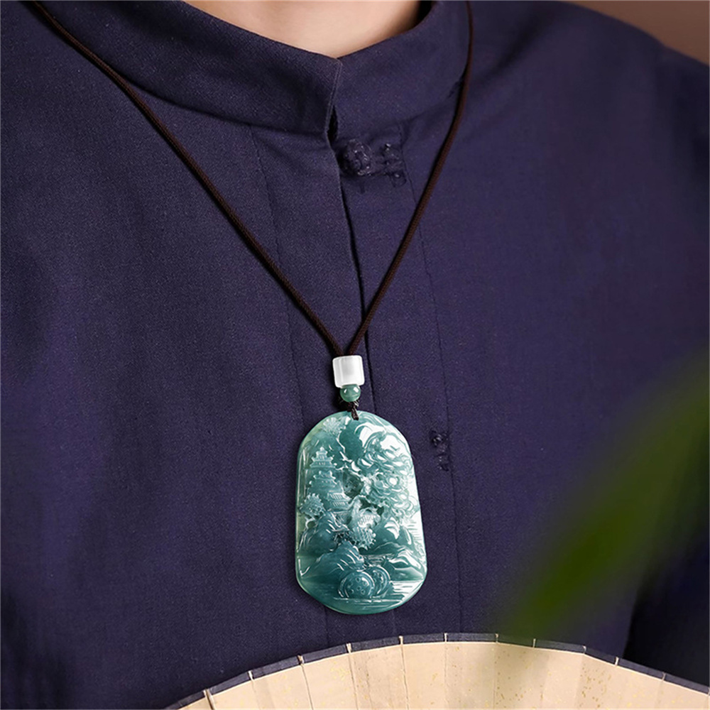 Natural Certificated Type A Untreated 65X45X8mm Blue Icy Watery Guatemalan Jadeite Oval Pendant With Landscape Carved,Landscape Pendant Necklace