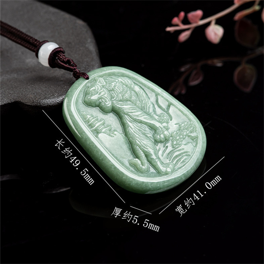 Natural Certificated Type A Untreated 49.5mmX41mmX5.5mm Bean Green Watery Burmese Jadeite Hand Carved Tiger Pendant Necklace,Chinese Zodiac Tiger Pendant Necklace,Amulet Pendant Necklace