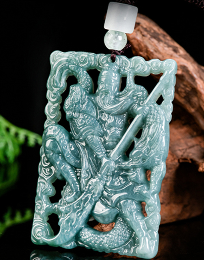 Natural Type A Untreated 58.5mmX39.5mmX7.5mm Blue Watery Guatemalan Jadeite Hand Carved Lord Guan and Dragon Pendant Necklace,Amulet Plaque Necklace