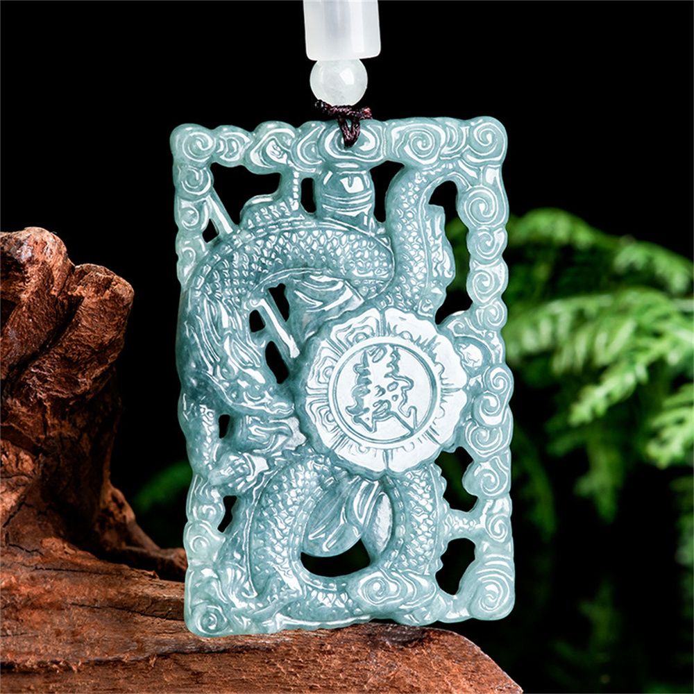 Natural Type A Untreated 58.5mmX39.5mmX7.5mm Blue Watery Guatemalan Jadeite Hand Carved Lord Guan and Dragon Pendant Necklace,Amulet Plaque Necklace