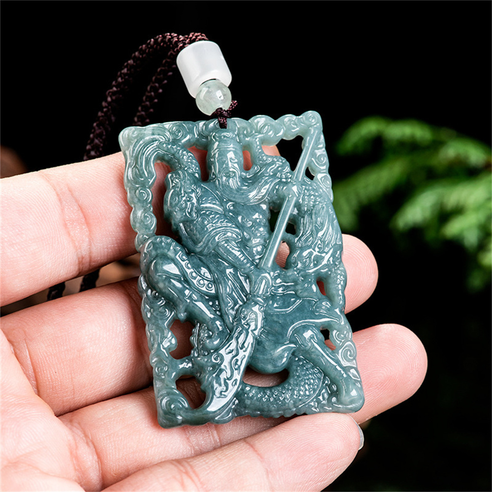 Natural Type A Untreated 58.5mmX39.5mmX7.5mm Blue Watery Guatemalan Jadeite Hand Carved Lord Guan and Dragon Pendant Necklace,Amulet Plaque Necklace