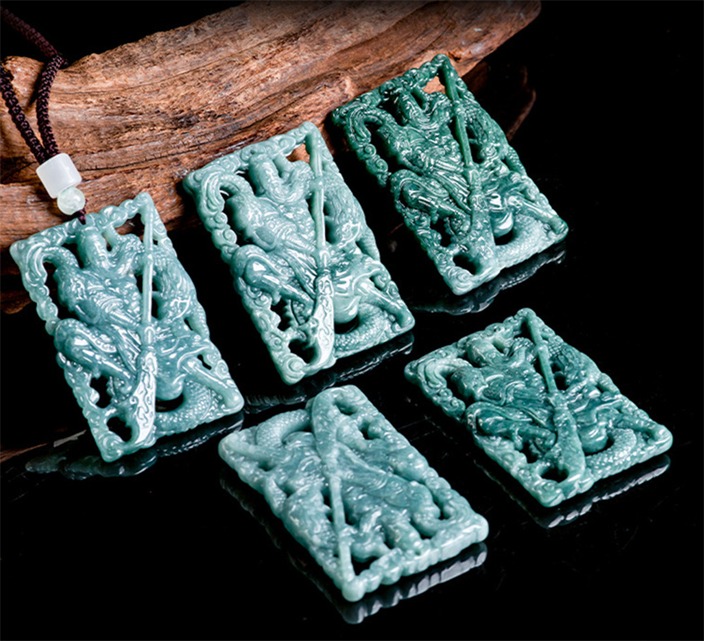 Natural Type A Untreated 58.5mmX39.5mmX7.5mm Blue Watery Guatemalan Jadeite Hand Carved Lord Guan and Dragon Pendant Necklace,Amulet Plaque Necklace