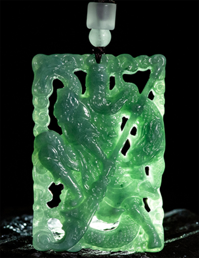 Natural Type A Untreated 58.5mmX39.5mmX7.5mm Blue Watery Guatemalan Jadeite Hand Carved Lord Guan and Dragon Pendant Necklace,Amulet Plaque Necklace