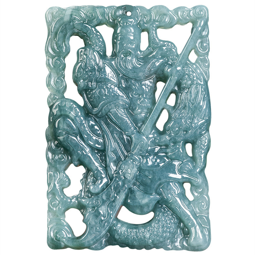 Natural Type A Untreated 58.5mmX39.5mmX7.5mm Blue Watery Guatemalan Jadeite Hand Carved Lord Guan and Dragon Pendant Necklace,Amulet Plaque Necklace