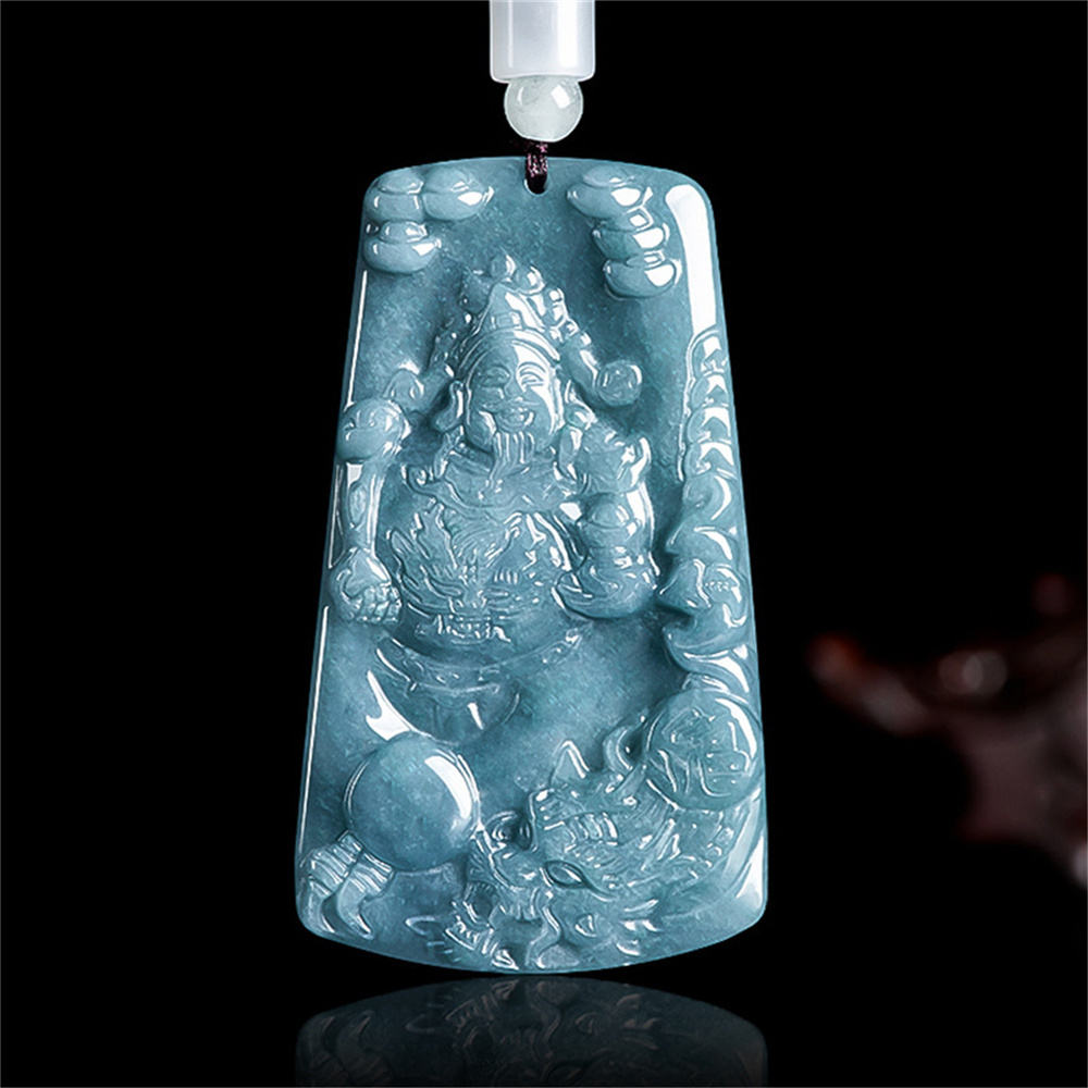 Natural Certificated Type A Untreated 64mmX37.5mmX5mm Blue Watery Guatemalan Jadeite Hand Carved Dragon and God of Wealth Pendant Necklace,Trapezoid Plaque Necklace