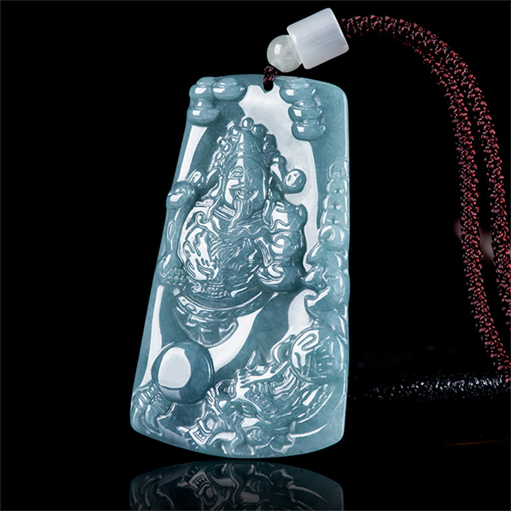 Natural Certificated Type A Untreated 64mmX37.5mmX5mm Blue Watery Guatemalan Jadeite Hand Carved Dragon and God of Wealth Pendant Necklace,Trapezoid Plaque Necklace