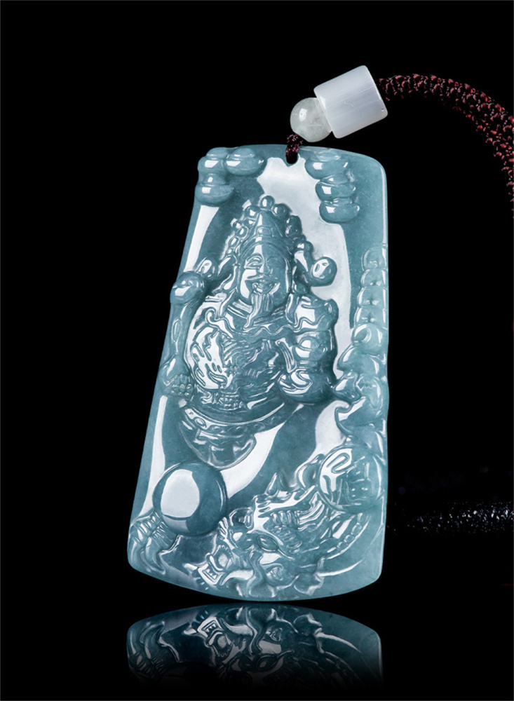 Natural Certificated Type A Untreated 64mmX37.5mmX5mm Blue Watery Guatemalan Jadeite Hand Carved Dragon and God of Wealth Pendant Necklace,Trapezoid Plaque Necklace