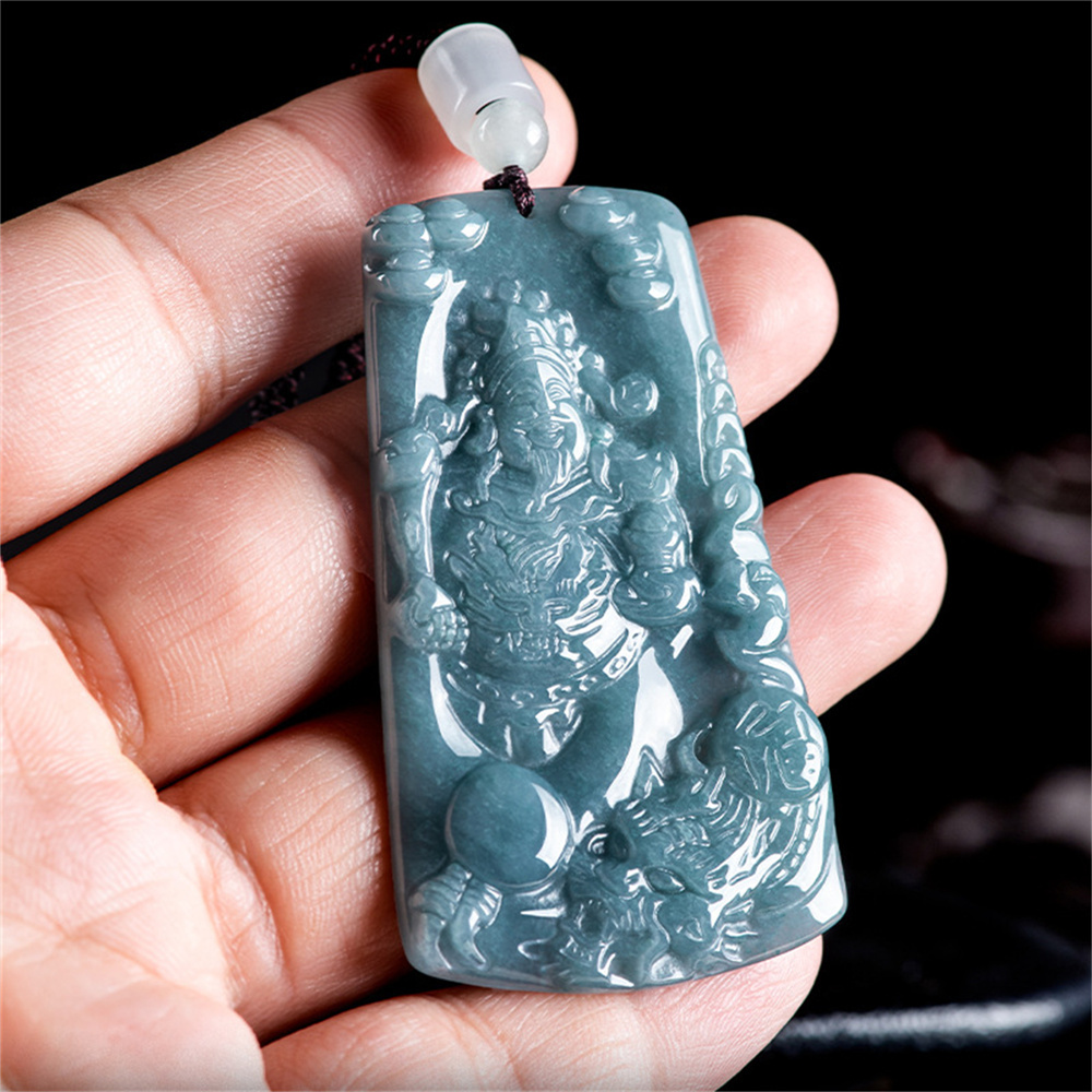 Natural Certificated Type A Untreated 64mmX37.5mmX5mm Blue Watery Guatemalan Jadeite Hand Carved Dragon and God of Wealth Pendant Necklace,Trapezoid Plaque Necklace
