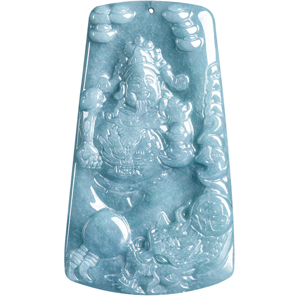 Natural Certificated Type A Untreated 64mmX37.5mmX5mm Blue Watery Guatemalan Jadeite Hand Carved Dragon and God of Wealth Pendant Necklace,Trapezoid Plaque Necklace