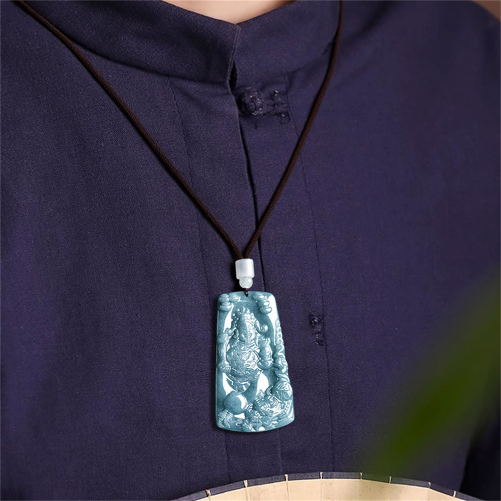 Natural Certificated Type A Untreated 64mmX37.5mmX5mm Blue Watery Guatemalan Jadeite Hand Carved Dragon and God of Wealth Pendant Necklace,Trapezoid Plaque Necklace