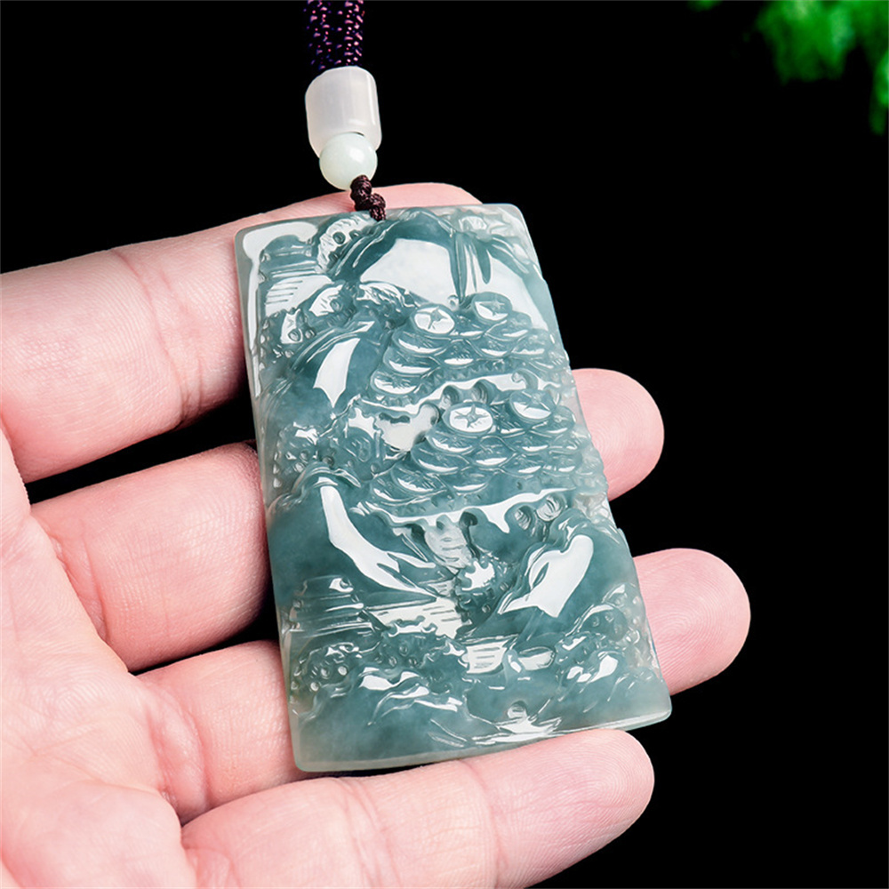 Natural Certificated Type A Untreated 63mmX44mmX6.5mm Blue Watery Guatemalan Jadeite Hand Carved Landscape Pendant Necklace,Trapezoid Plaque Necklace