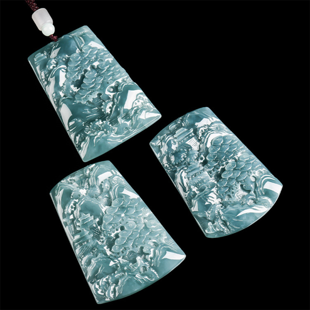 Natural Certificated Type A Untreated 63mmX44mmX6.5mm Blue Watery Guatemalan Jadeite Hand Carved Landscape Pendant Necklace,Trapezoid Plaque Necklace