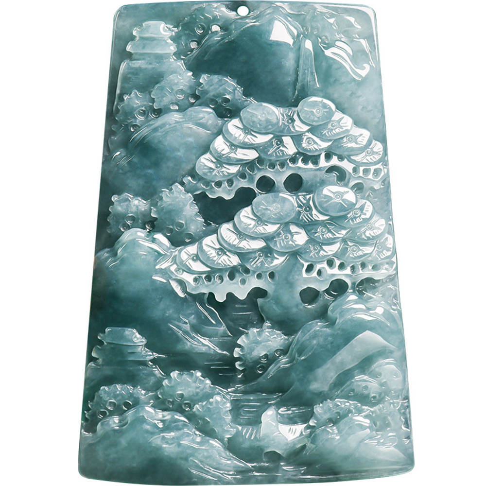 Natural Certificated Type A Untreated 63mmX44mmX6.5mm Blue Watery Guatemalan Jadeite Hand Carved Landscape Pendant Necklace,Trapezoid Plaque Necklace