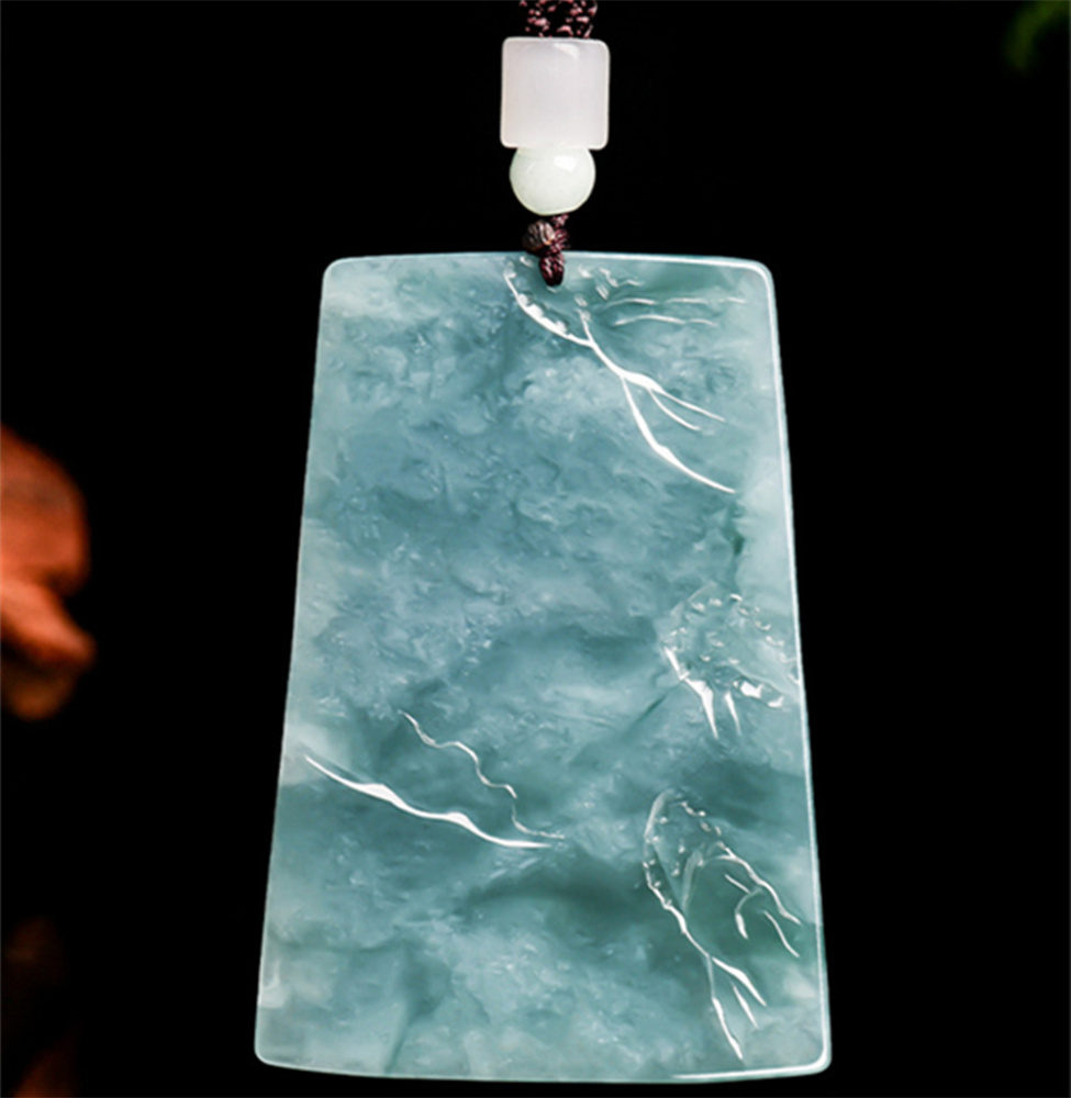 Natural Certificated Type A Untreated 63mmX44mmX6.5mm Blue Watery Guatemalan Jadeite Hand Carved Landscape Pendant Necklace,Trapezoid Plaque Necklace