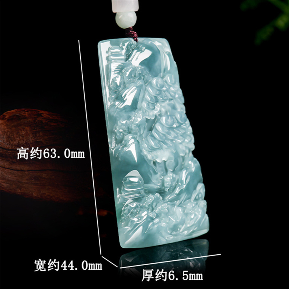 Natural Certificated Type A Untreated 63mmX44mmX6.5mm Blue Watery Guatemalan Jadeite Hand Carved Landscape Pendant Necklace,Trapezoid Plaque Necklace