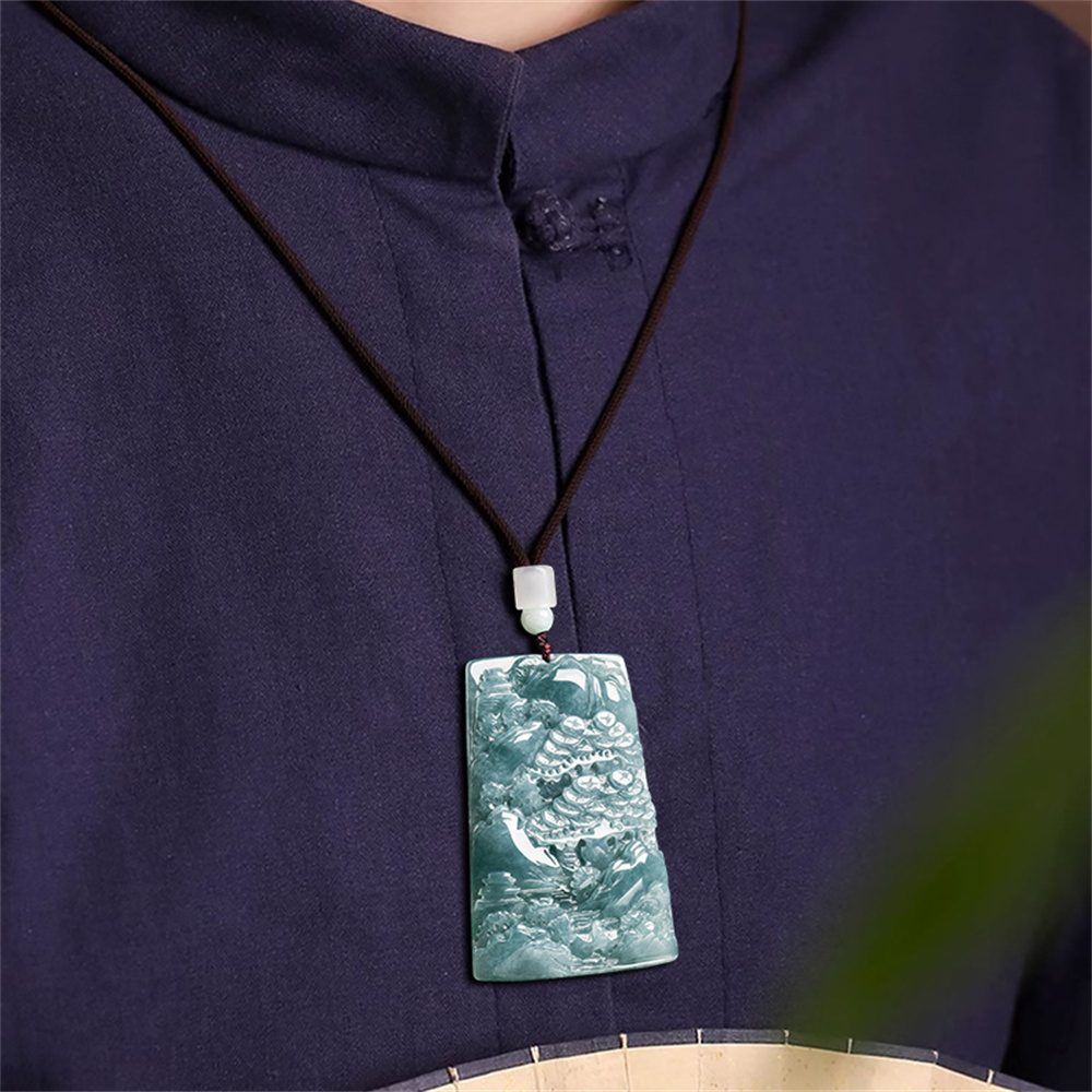 Natural Certificated Type A Untreated 63mmX44mmX6.5mm Blue Watery Guatemalan Jadeite Hand Carved Landscape Pendant Necklace,Trapezoid Plaque Necklace
