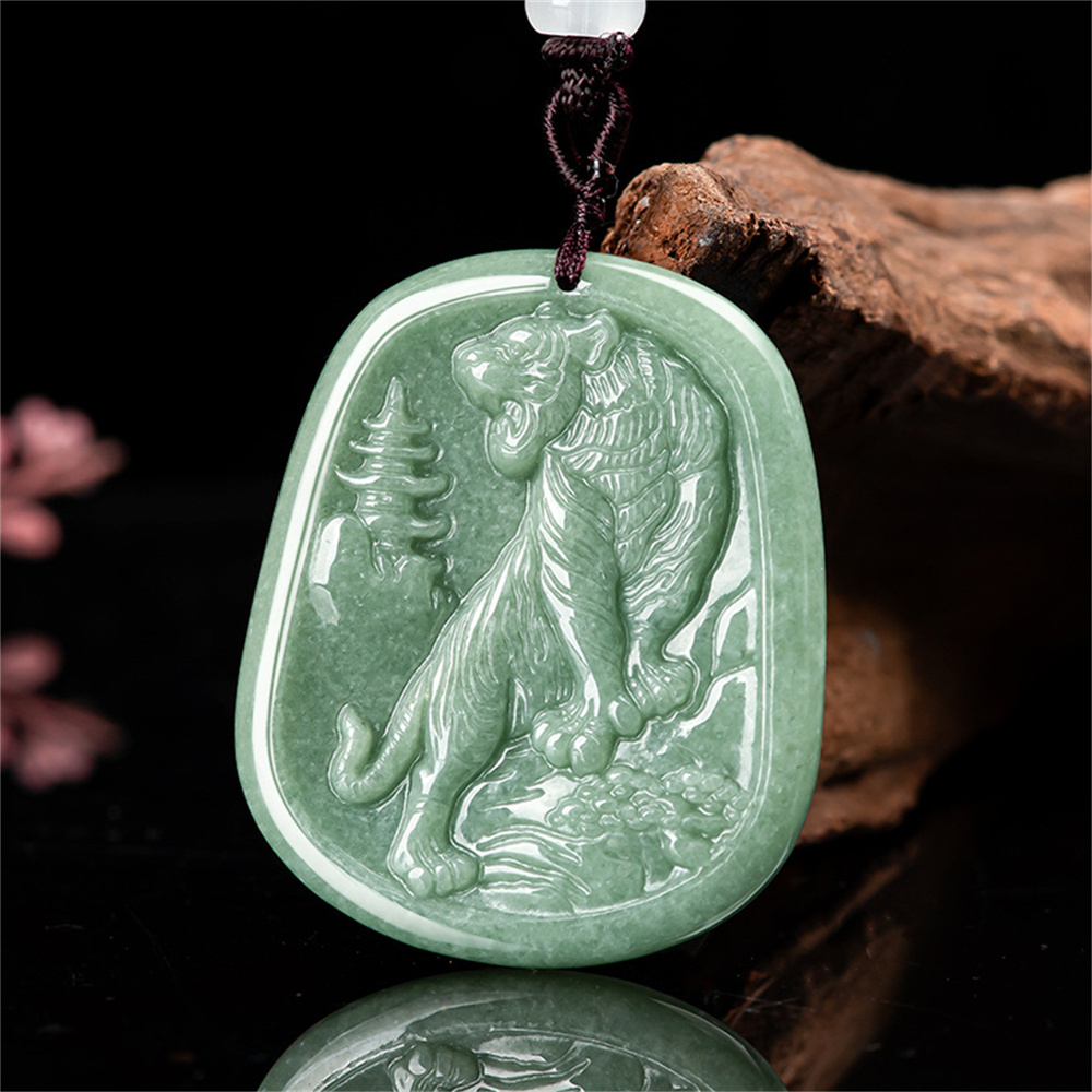 Natural Certificated Type A Untreated 49.5mmX41mmX5.5mm Bean Green Watery Burmese Jadeite Hand Carved Tiger Pendant Necklace,Chinese Zodiac Tiger Pendant Necklace,Amulet Pendant Necklace
