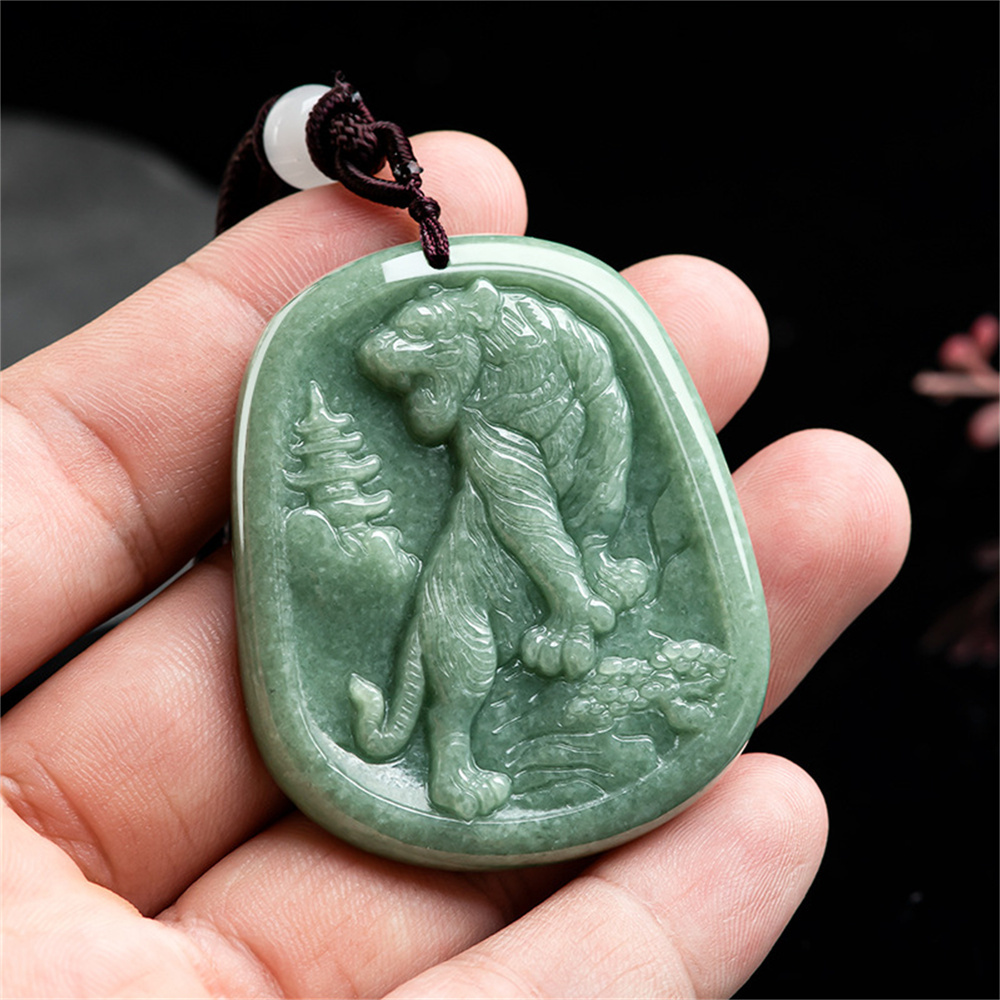 Natural Certificated Type A Untreated 49.5mmX41mmX5.5mm Bean Green Watery Burmese Jadeite Hand Carved Tiger Pendant Necklace,Chinese Zodiac Tiger Pendant Necklace,Amulet Pendant Necklace