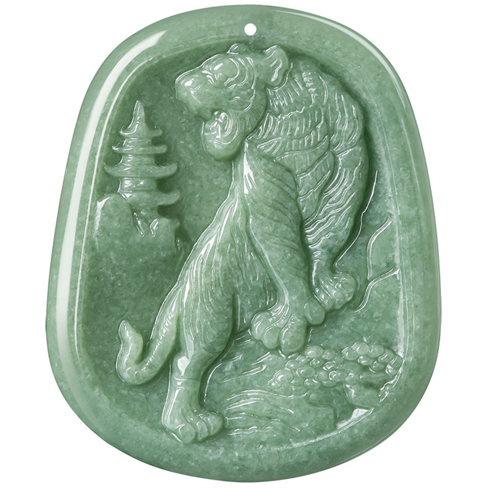 Natural Certificated Type A Untreated 49.5mmX41mmX5.5mm Bean Green Watery Burmese Jadeite Hand Carved Tiger Pendant Necklace,Chinese Zodiac Tiger Pendant Necklace,Amulet Pendant Necklace