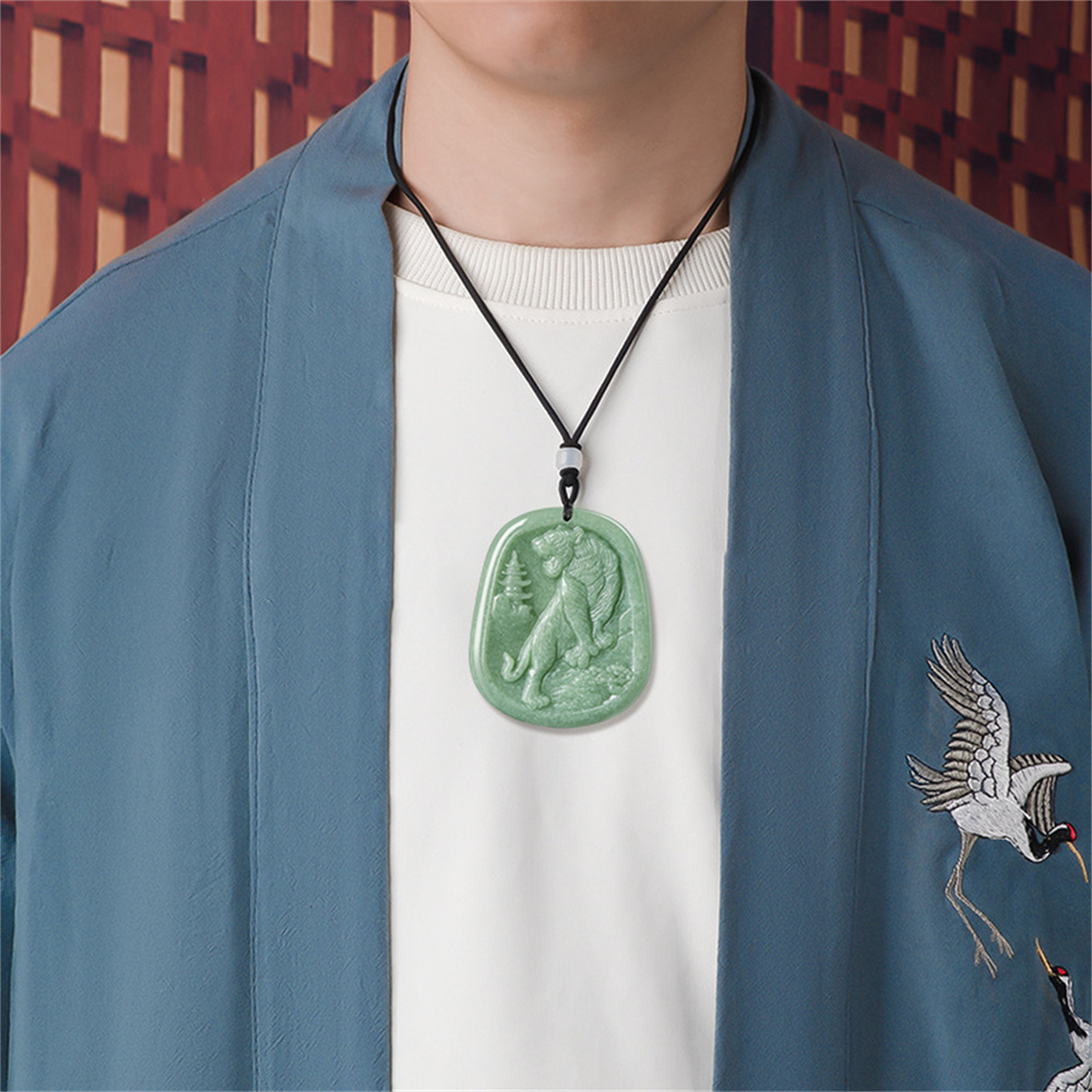 Natural Certificated Type A Untreated 49.5mmX41mmX5.5mm Bean Green Watery Burmese Jadeite Hand Carved Tiger Pendant Necklace,Chinese Zodiac Tiger Pendant Necklace,Amulet Pendant Necklace