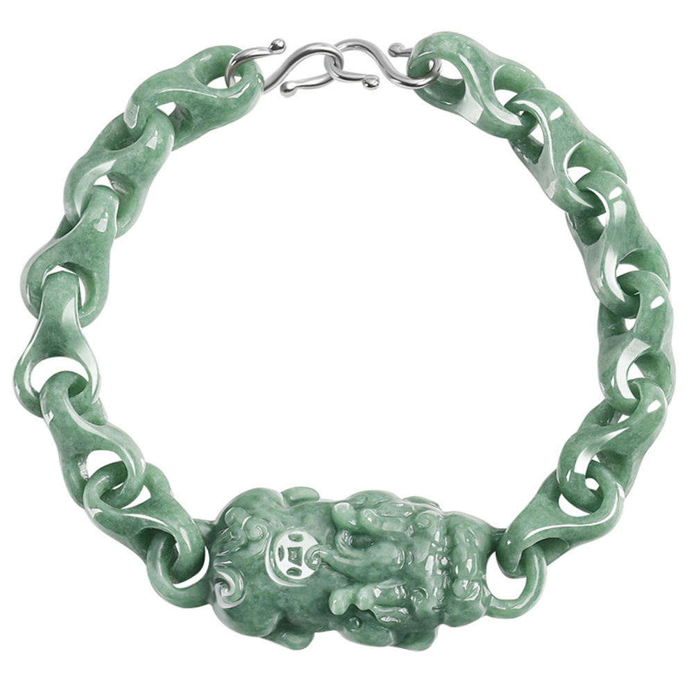 Natural Certificated Type A Untreated 16-23cm Bean Green Watery Burmese Jadeite Interlocking Pixiu Bracelet,Amulet Bracelet