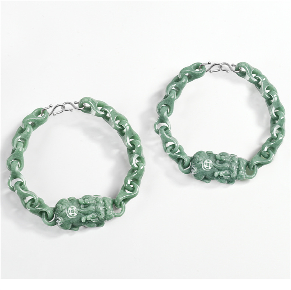 Natural Certificated Type A Untreated 16-23cm Bean Green Watery Burmese Jadeite Interlocking Pixiu Bracelet,Amulet Bracelet