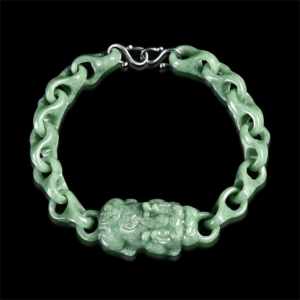 Natural Certificated Type A Untreated 16-23cm Bean Green Watery Burmese Jadeite Interlocking Pixiu Bracelet,Amulet Bracelet