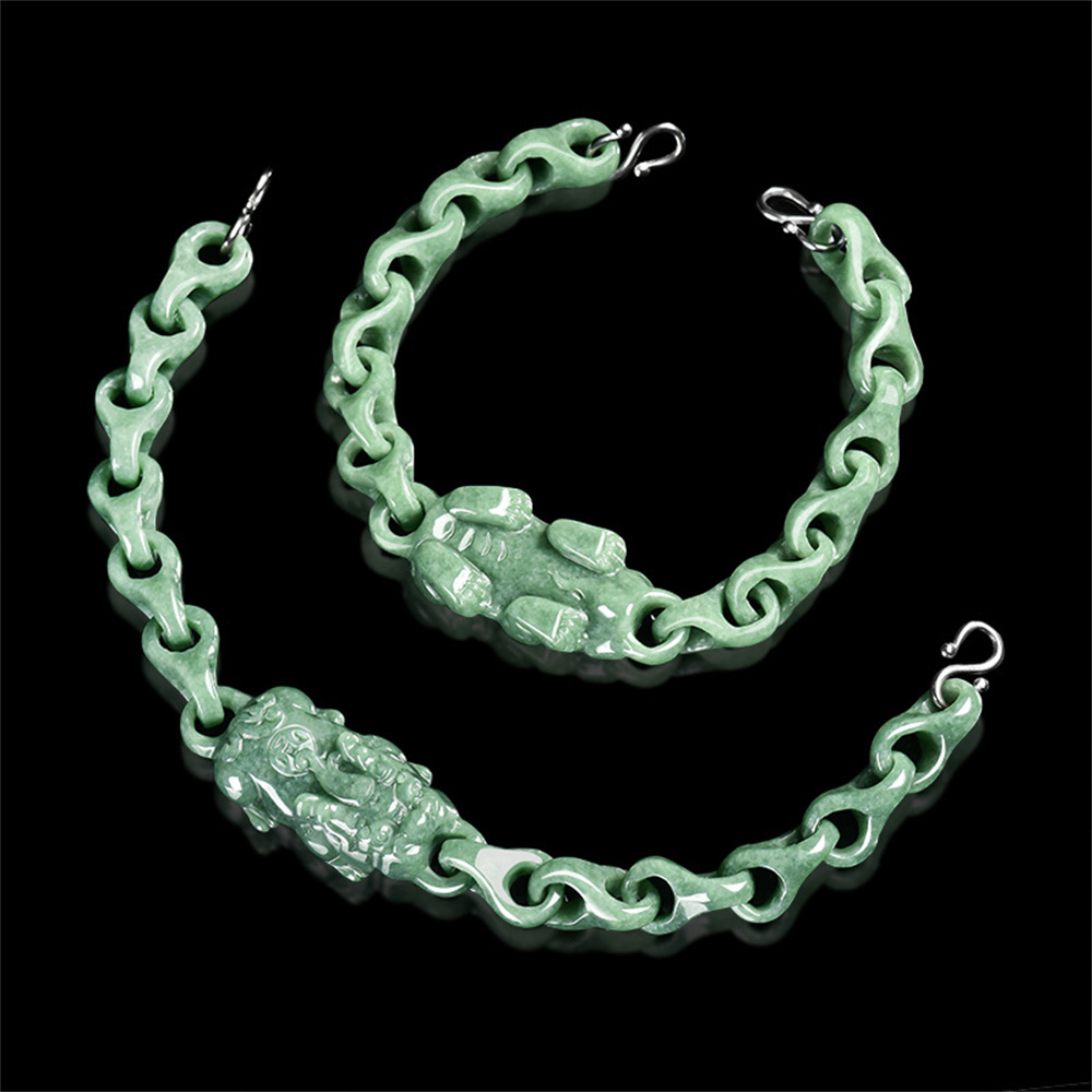 Natural Certificated Type A Untreated 16-23cm Bean Green Watery Burmese Jadeite Interlocking Pixiu Bracelet,Amulet Bracelet