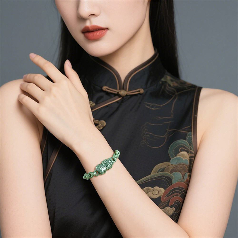Natural Certificated Type A Untreated 16-23cm Bean Green Watery Burmese Jadeite Interlocking Pixiu Bracelet,Amulet Bracelet