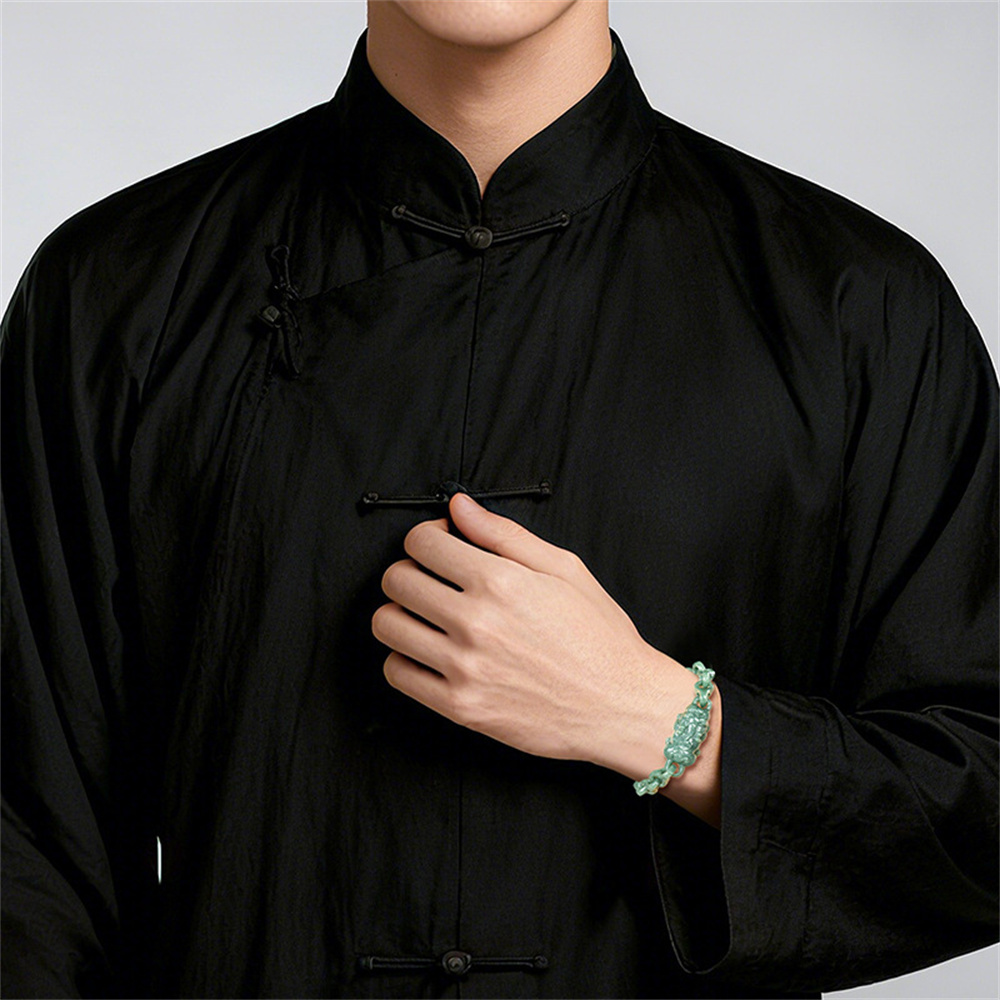 Natural Certificated Type A Untreated 16-23cm Bean Green Watery Burmese Jadeite Interlocking Pixiu Bracelet,Amulet Bracelet