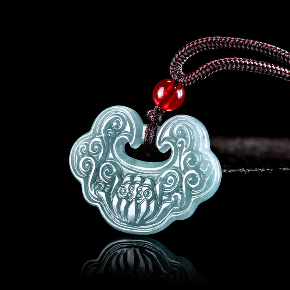 Natural Certificated Type A Untreated 24mmX32mmX4mm Blue Icy Watery Guatemalan Jadeite Ruyi Pendant With Lotus Carved,Amulet Pendant Necklace