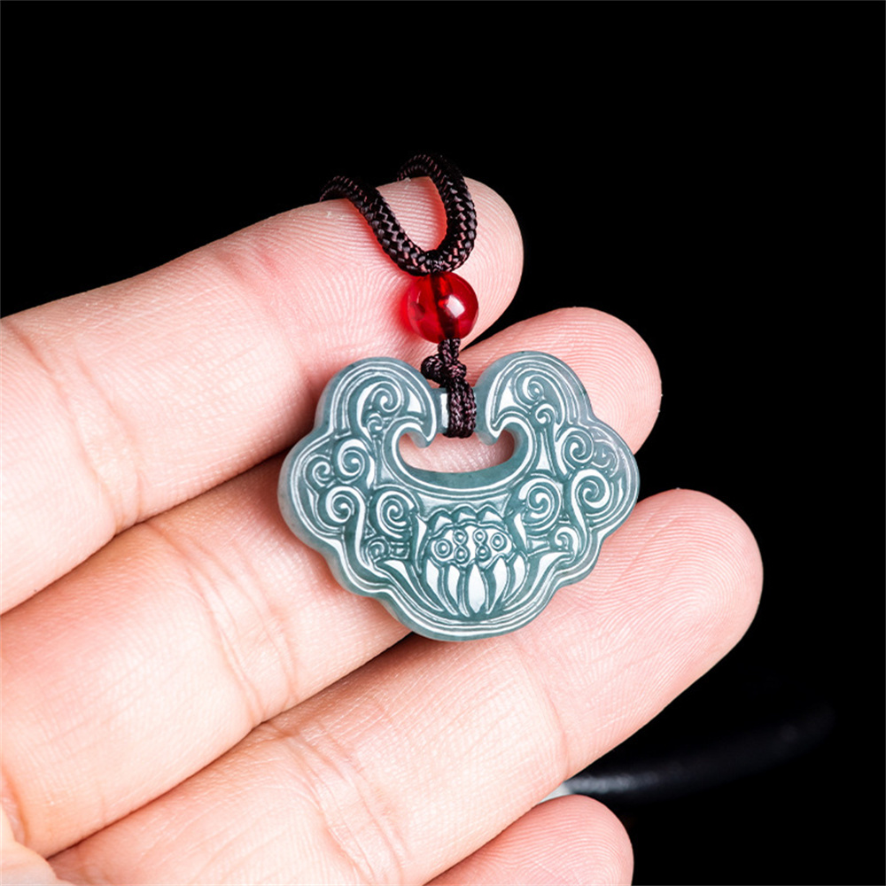 Natural Certificated Type A Untreated 24mmX32mmX4mm Blue Icy Watery Guatemalan Jadeite Ruyi Pendant With Lotus Carved,Amulet Pendant Necklace