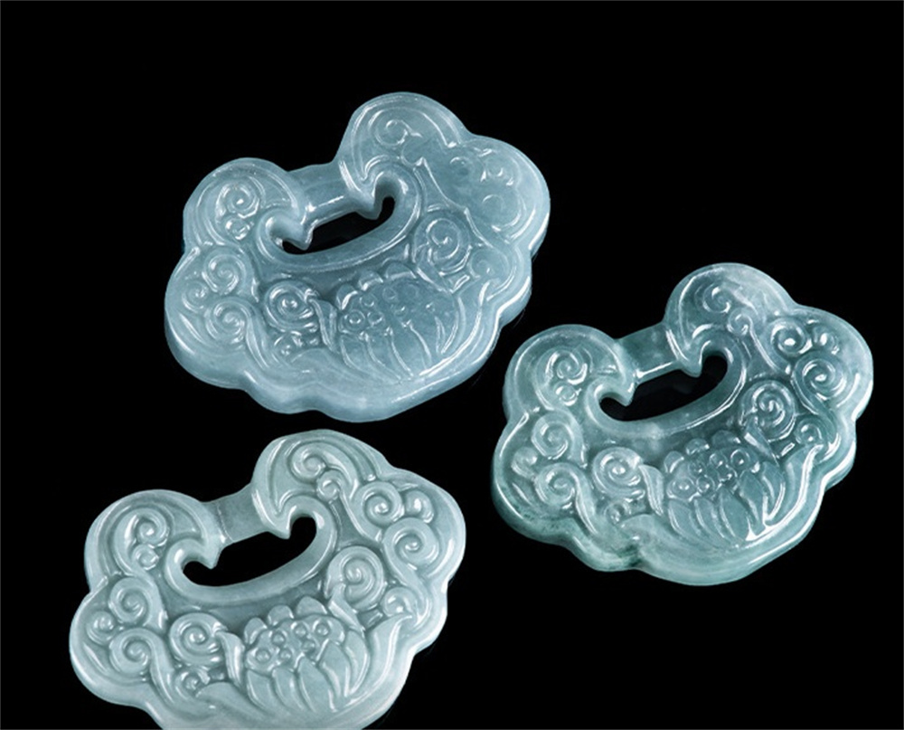 Natural Certificated Type A Untreated 24mmX32mmX4mm Blue Icy Watery Guatemalan Jadeite Ruyi Pendant With Lotus Carved,Amulet Pendant Necklace