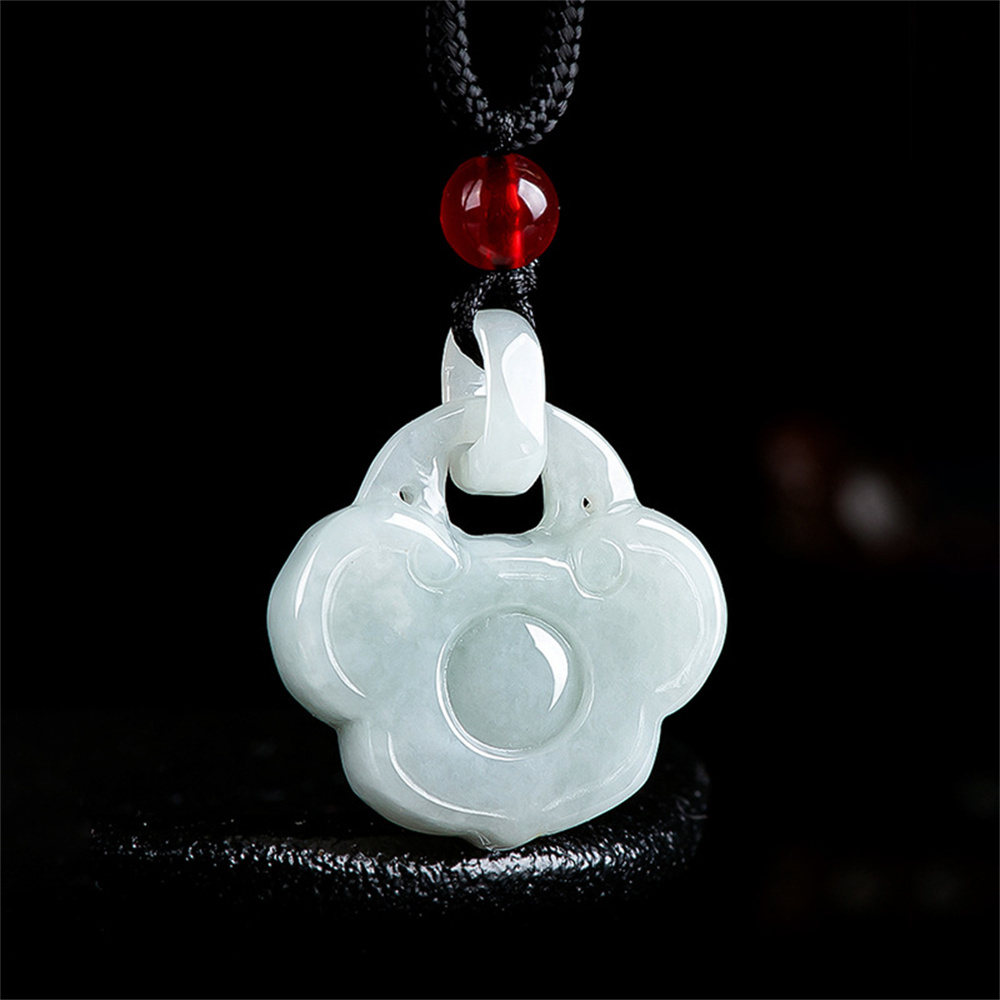 Natural Certificated Type A Untreated 28X21X5.8mm Light Green Icy Waxy Burmese Jadeite Filigree Ruyi Pendant Necklace ,Amulet Pendant Necklace