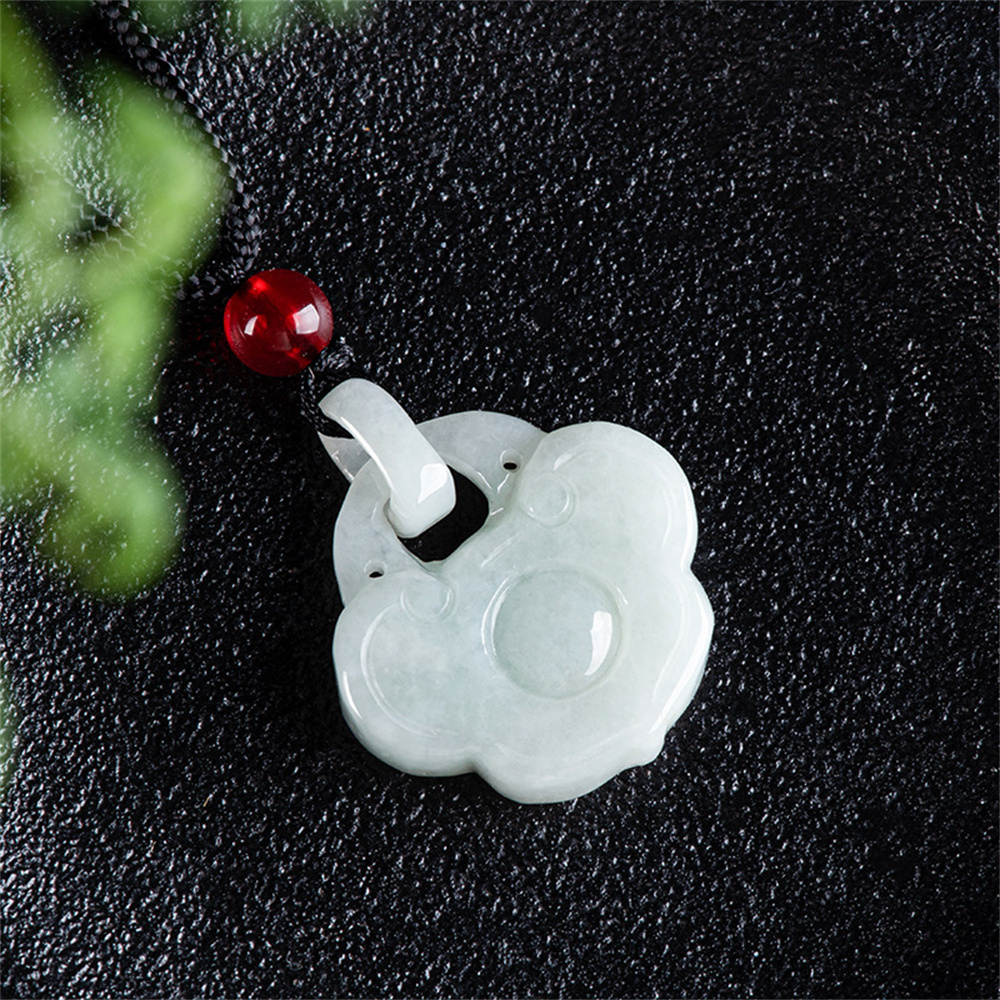 Natural Certificated Type A Untreated 28X21X5.8mm Light Green Icy Waxy Burmese Jadeite Filigree Ruyi Pendant Necklace ,Amulet Pendant Necklace